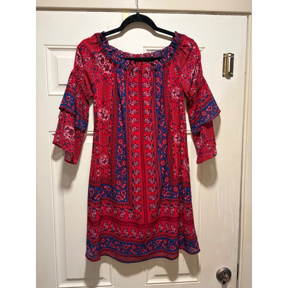 KUT from the Kloth Off Shoulder Bohemian Floral Print Mini Dress Red Blue